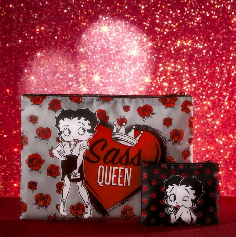 Betty Boop 2-Piece Cosmetic Makeup Bag Pouch Set Sass Queen Red Roses Lips